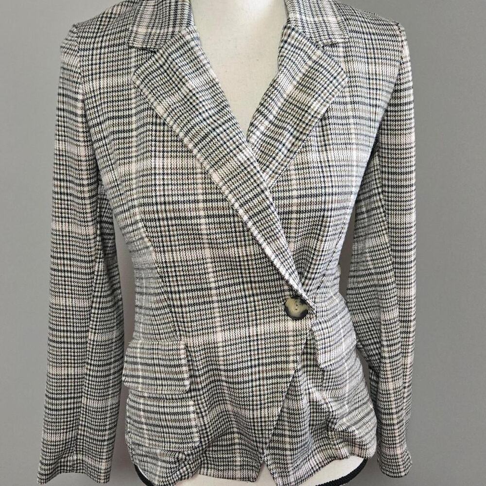 maeve anthropologie brown white plaid polyester viscose elastane blazer x small